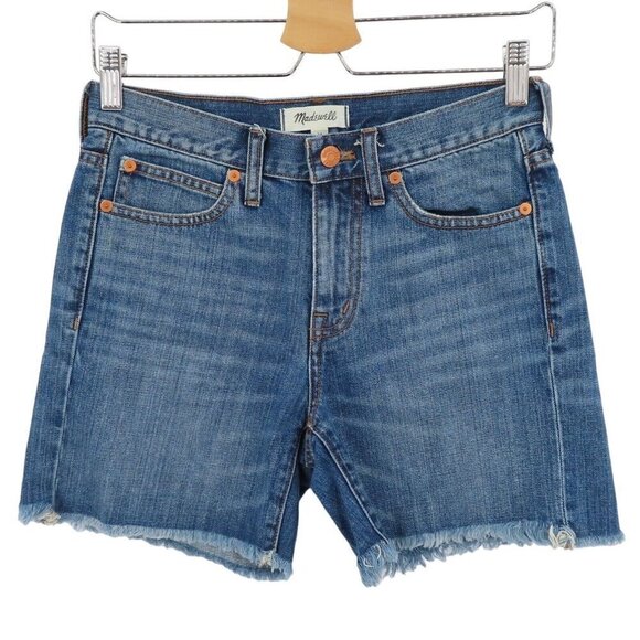 Madewell Womens 24 Blue Denim Shorts Distressed Raw Hem Copper Button Studs Jean - Picture 1 of 8